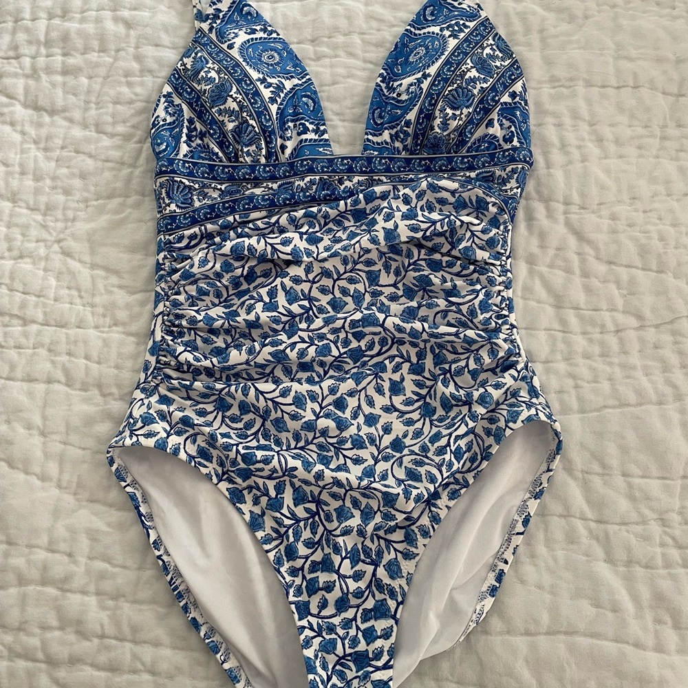 J. Crew Blue and White One Piece Swimsuit with Geometric Floral Design - Picture 5 of 5